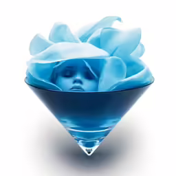 a small child in a blue vase with flowers on top