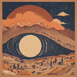 the image shows mountains, clouds, and an orange sky,a painting with mountains and people