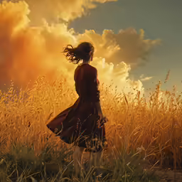 the girl stands in a field of tall grass