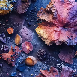 colorful leaves and flowers on water