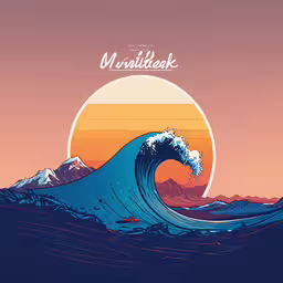 an image of a large blue wave in front of a setting sun,the ocean with waves in front of a sunset