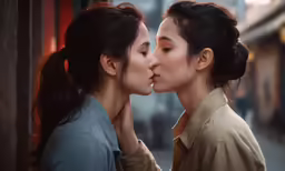 the two young women are kissing each other on a street