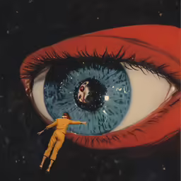 a woman jumping up into the air with a large blue eye