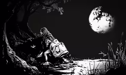 a painting of a person sitting on a bench under the moon