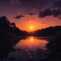 the sun is setting over the water near some grass