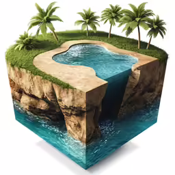 an island with water, sand and palm trees
