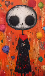 an image of skeleton painting with balloons and spooky hat