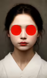 an art exhibit featuring a young woman with fake eyes