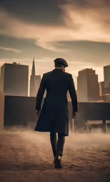 a man is standing in the sand looking at the city