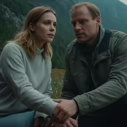 a man and woman sitting on top of a hillside