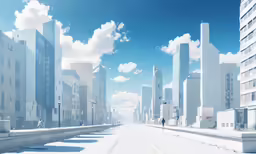 two people are standing on the side of an empty road in a snowy city