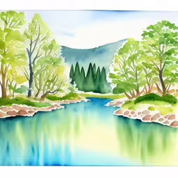 a painting depicting a creek surrounded by mountains,a painting of a lake surrounded by a green forest,watercolor painting of a river with trees and rocks,painting of a small creek in a forest,a painting of a river and some trees