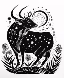 an ink drawing of a steer on paper,a bull in the grass with stars and moon