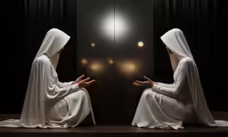two women in robes sitting in front of a mirror