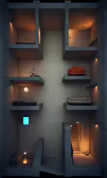 a room is shown with shelves and lighting