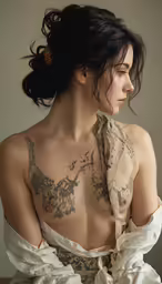 woman wearing off white dress with very intricately designed neck piece
