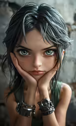 the young woman has a green dress on and has short hair