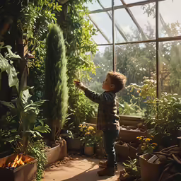 young boy pointing at green plants growing inside greenhouse