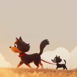 a cat walking behind a dog with the sky in the background