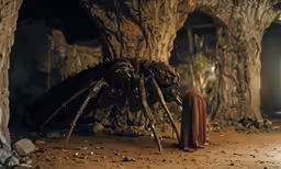 a giant spider in a creepy cave near a bat