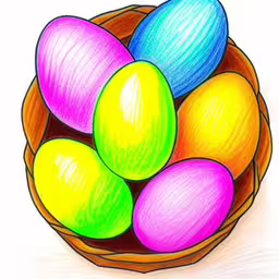 a basket of dyed easter eggs painted with markers,a colorful drawing of some eggs in a basket