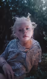 a young girl sitting in the grass looking into the camera