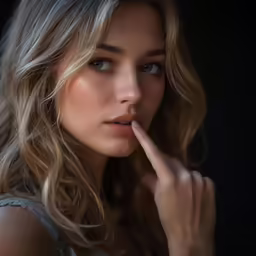 a girl poses while holding her finger to her nose