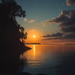 the sun sets over a body of water and hills