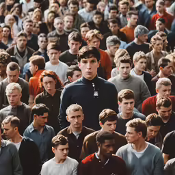 a large group of people are staring at the camera