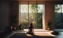 woman sitting on the ground in front of large windows looking outside