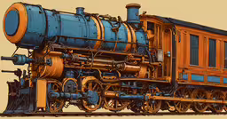 an artistic train drawn on paper with pastel pencils,an old fashioned train with blue paint and steam engines