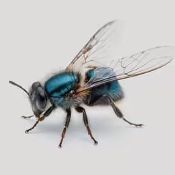 a close up of a blue and brown fly