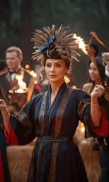 woman in dark oriental costume with torches at dinner party