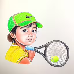 drawing of a young girl in a hat holding a tennis racquet to her face
