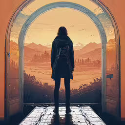 a man standing in the doorway of an open door, watching the landscape,a man is looking out the entrance to an outdoor setting