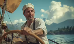 man in white head covering on the bow of sailboat