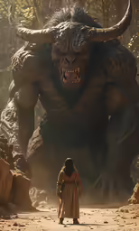 an animated scene shows the female warrior being chased by a big demon