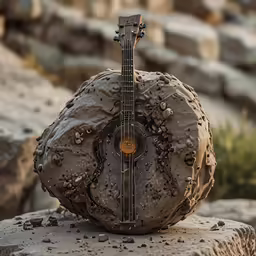 a rock covered in mud and a guitar