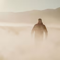 man walking in heavy fog with mountains behind
