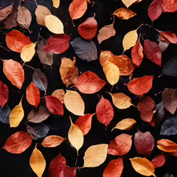 colorful leaves with water drops on black background