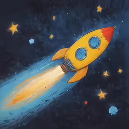 an illustration of an orange space rocket flying in space