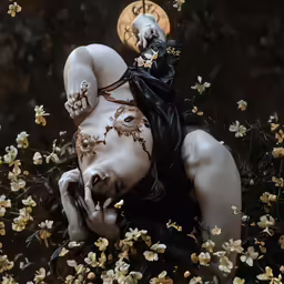 a doll laying in flowers with an arm around the head