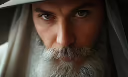 a man with a beard and mustache looks to the side