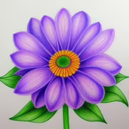 there is a drawing of a purple flower,a purple flower with leaves on a white surface,a close up of a purple flower with green leaves,a large purple flower with leaves and petals,a close up image of purple flower with green leaves