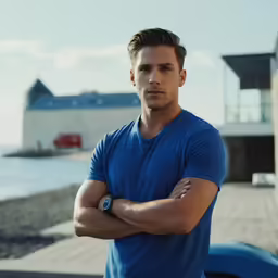 a male posing for a picture in blue and his arms folded