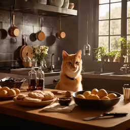 the cat is sitting on the counter looking at the dishes