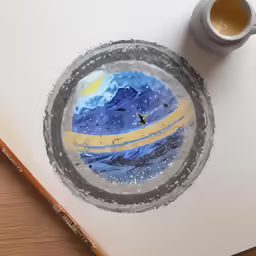 there is a drawing of the ocean and a cup of coffee