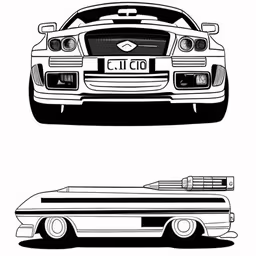 two views of the front and side of a car with an engine,a car with the grill grilles down and a rear view