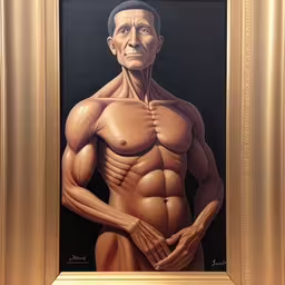 a painting of a man is featured with black background,a painting of a man with an expression of a fat balding male torso