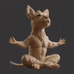 a white animal with a furry body is sitting in a lotus pose